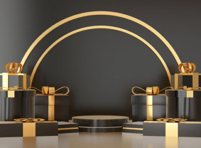 3d christmas podium. scene with christmas gold object and black background, white product display, luxury 3d render. stand for christmas gift, showcase, pedestal, cosmetic, show room, podium product.