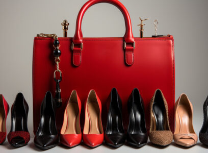 Fashionable leather collection elegant, shiny high heels and bags generated by artificial intelligence