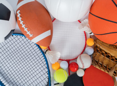 Sports Equipment on white background, Top view