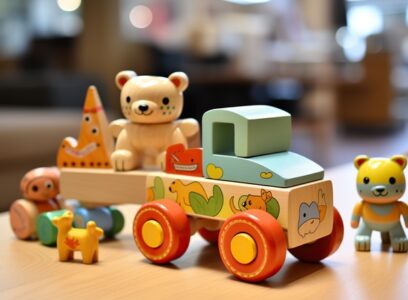 Wooden children's toys on the table. Wooden play set.